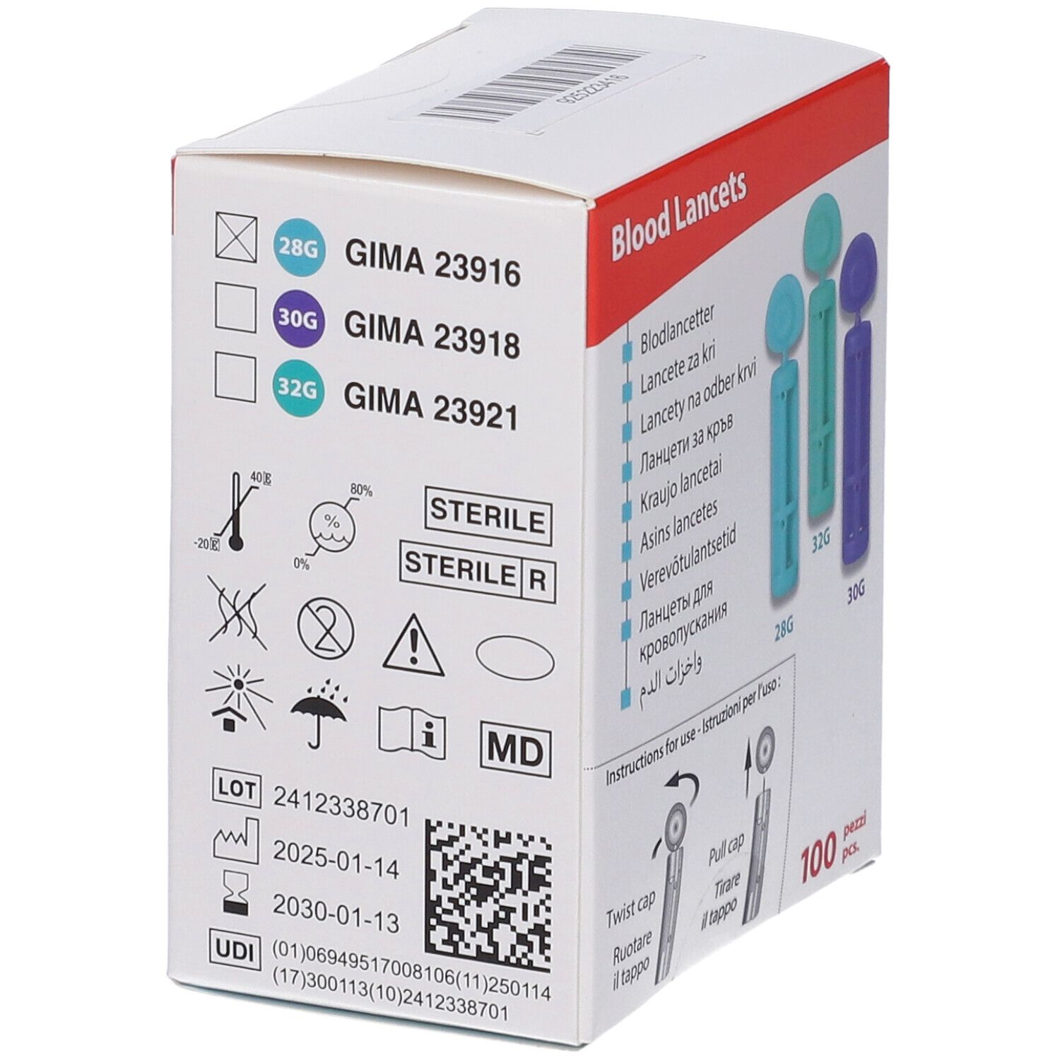 Confezione da 100 lancette. Simboli e informazioni sulla confezione. GIMA 23916, 23918, 23921. Sterile.