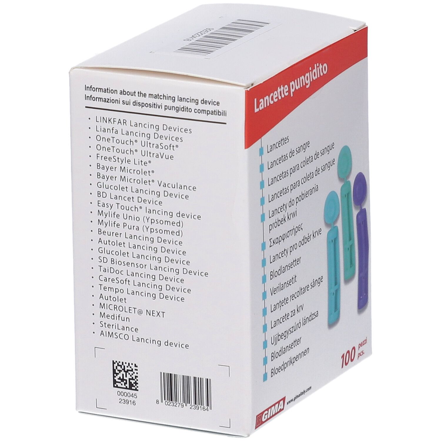 Confezione da 100 lancette. Scritta: Lancette pungidito. GIMA. Elenco dei dispositivi compatibili.