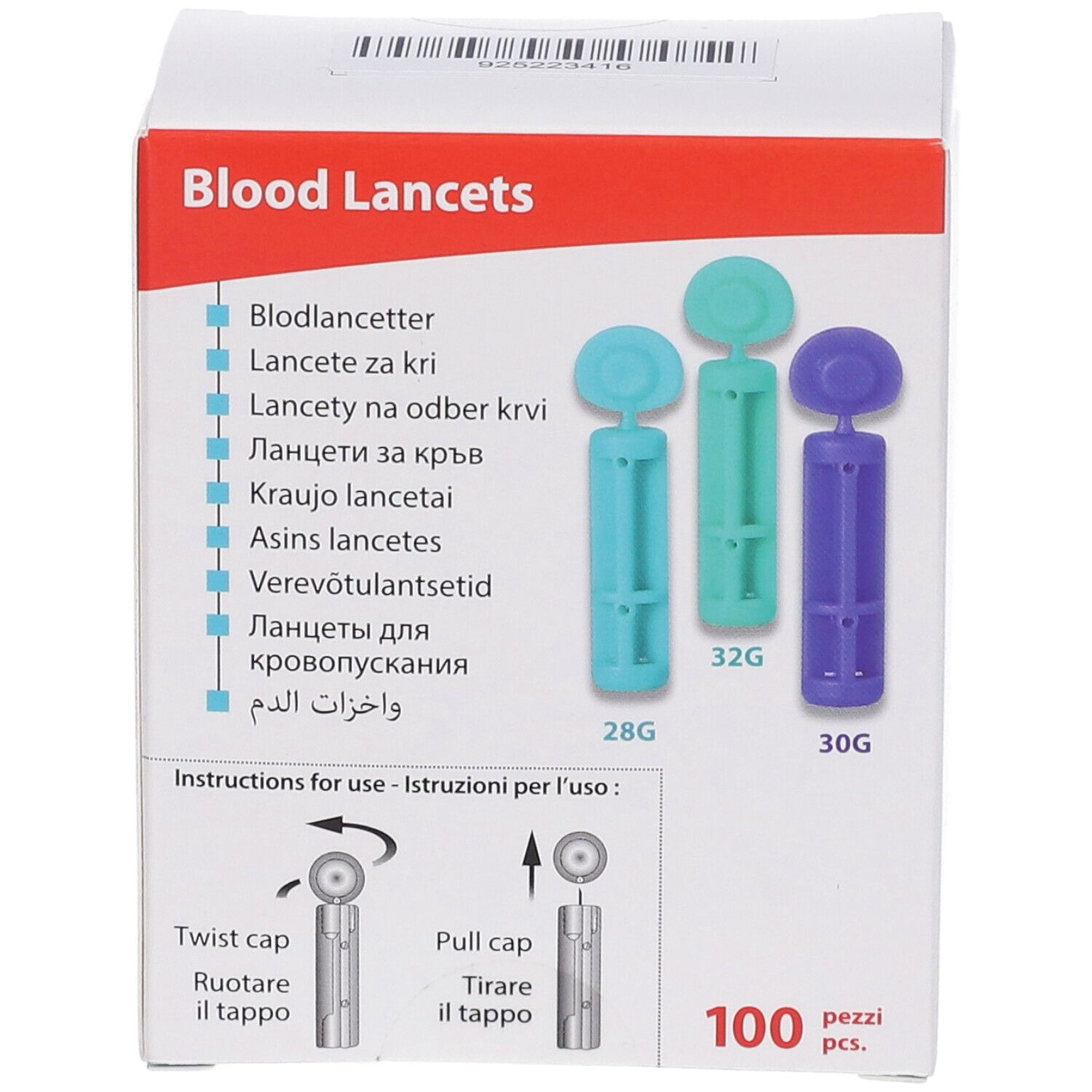Confezione da 100 lancette. Tre lancette colorate: blu (28G), verde (32G), viola (30G). Scritta: Blood Lancets.