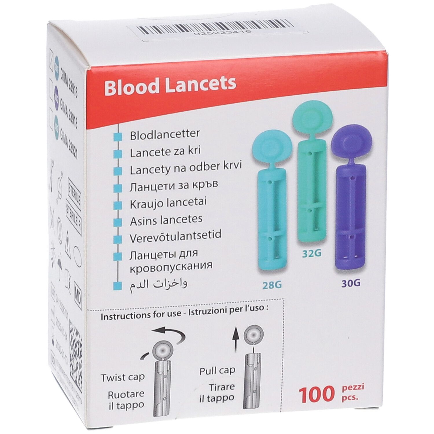 Confezione da 100 lancette. Tre lancette colorate: blu (28G), verde (32G), viola (30G). Scritta: Blood Lancets.
