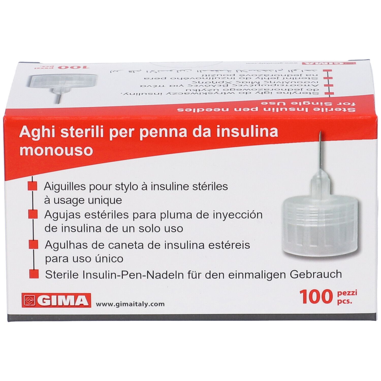 Confezione di aghi sterili per penna da insulina. Logo GIMA, 100 pezzi. Monouso.