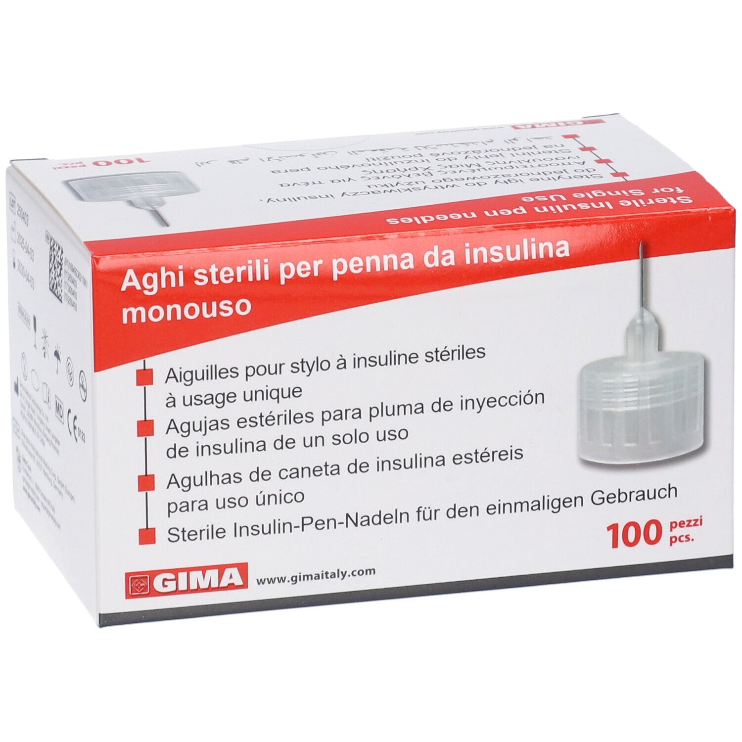 Confezione di aghi sterili per penna da insulina. Logo GIMA, 100 pezzi. Monouso.
