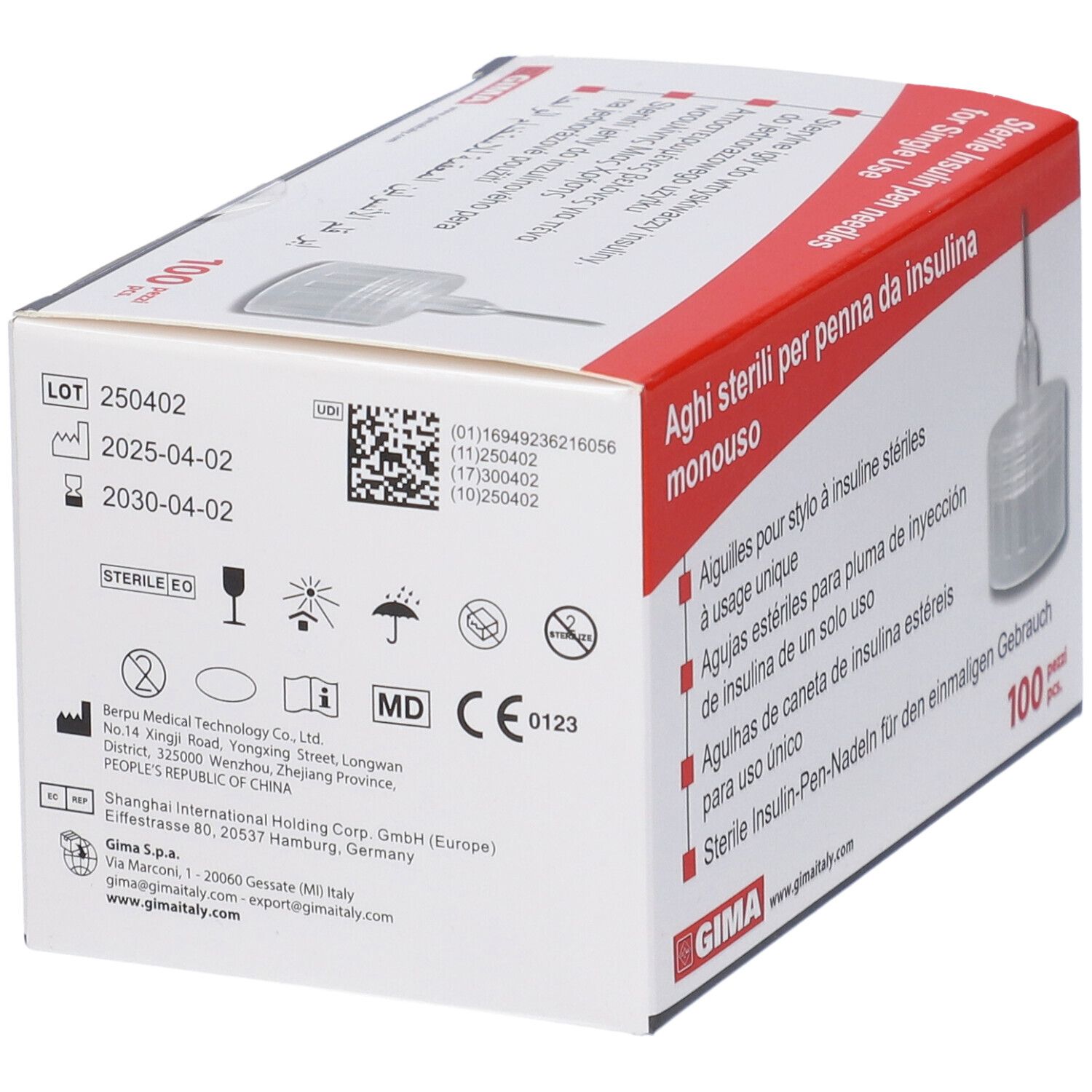 Confezione di aghi sterili per penna da insulina. Scritta GIMA, 100 pezzi. Numero di lotto e data di scadenza.