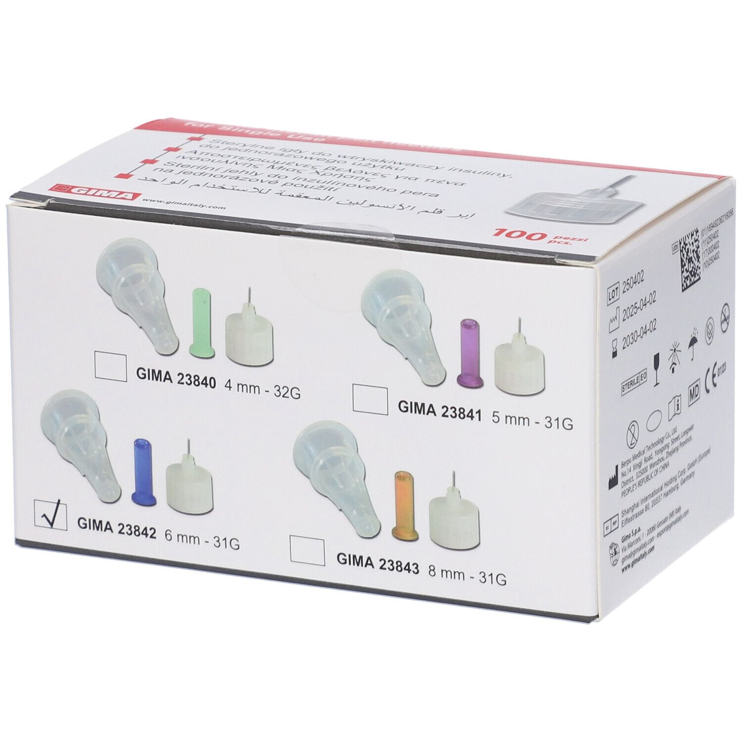 Scatola di aghi sterili per penna da insulina. Diverse misure e colori. Scritta GIMA. 100 pezzi.