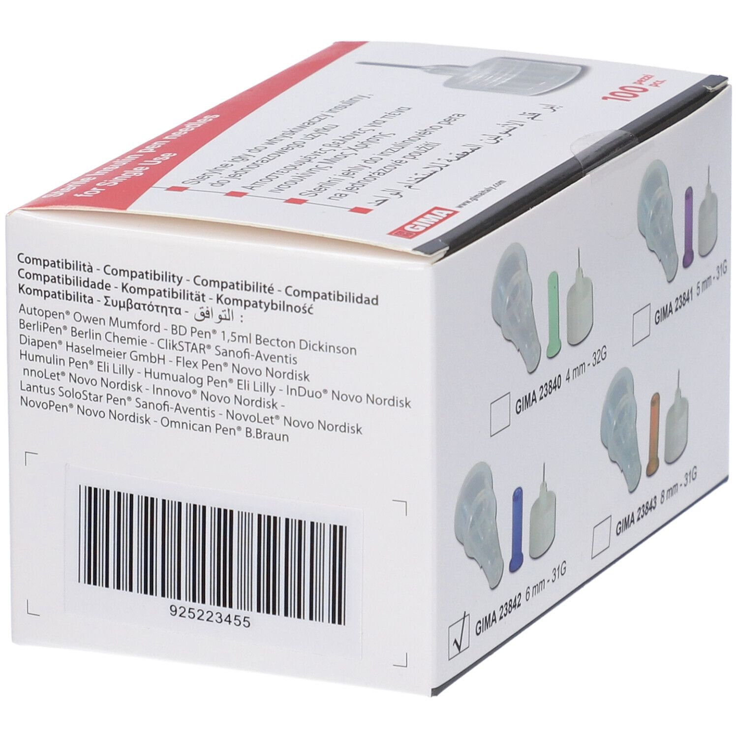 Confezione di aghi sterili per penna da insulina. Lista compatibilità. Scritta GIMA. 100 pezzi. Codice a barre.