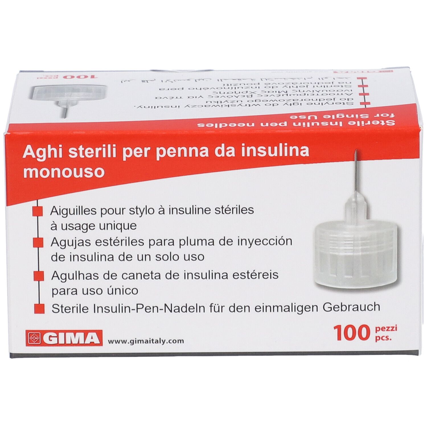 Scatola di aghi sterili per penna da insulina. Scritta GIMA, 100 pezzi. Ago con protezione trasparente.