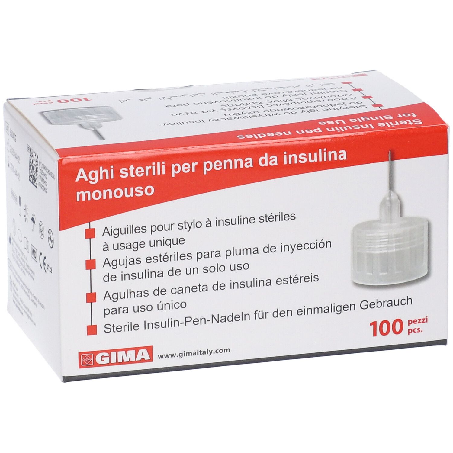 Scatola di aghi sterili per penna da insulina. Scritta GIMA, 100 pezzi. Ago con protezione trasparente.