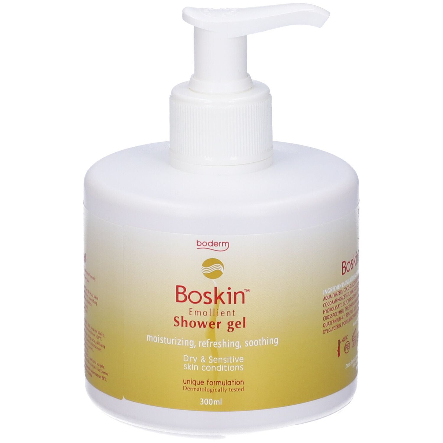Flacone di gel doccia Boskin. Erogatore bianco con etichetta gialla. Testo: Emollient Shower gel, Dry & Sensitive skin conditions.