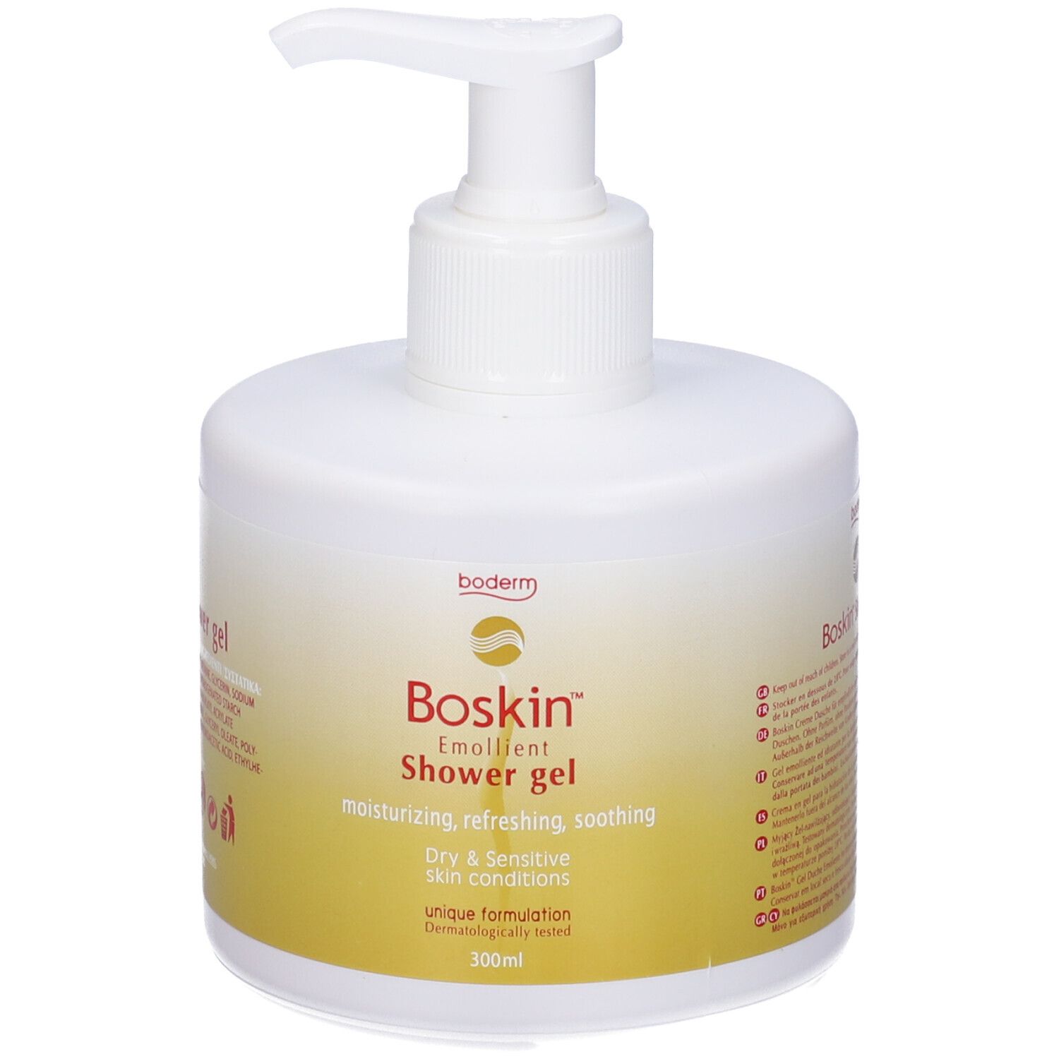 Flacone di gel doccia Boskin. Erogatore bianco con etichetta gialla. Testo: Emollient Shower gel, Dry & Sensitive skin conditions.