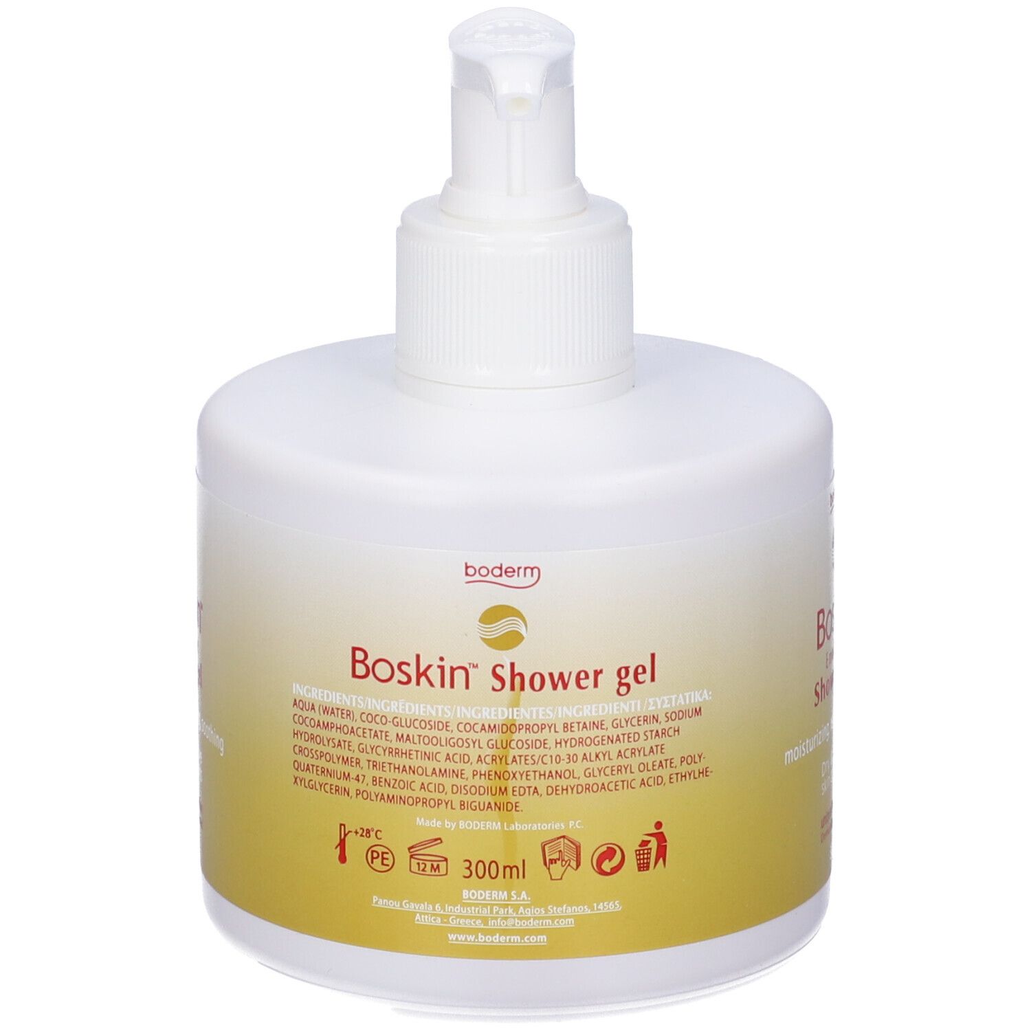 Flacone di gel doccia Boskin. Erogatore bianco con etichetta gialla. Testo: Emollient Shower gel, Dry & Sensitive skin conditions.