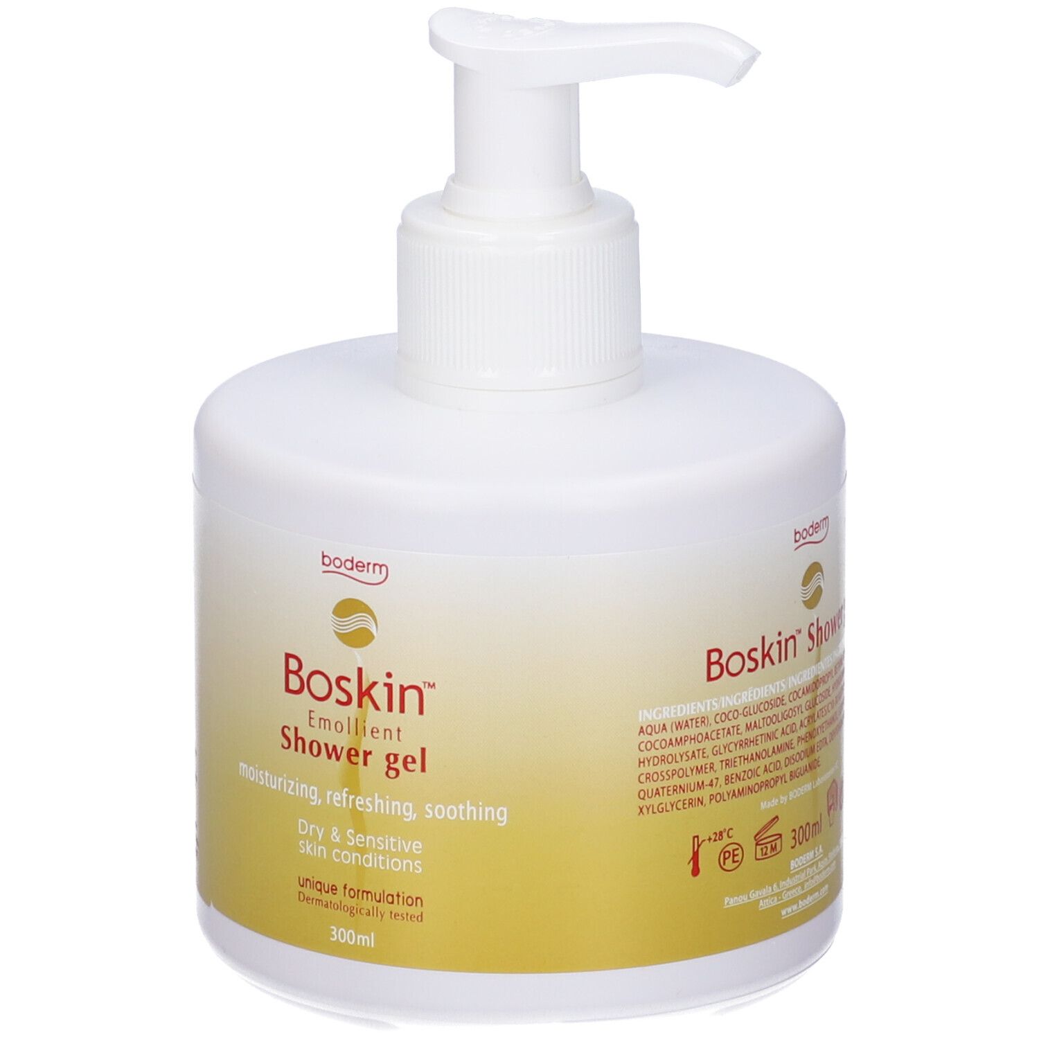 Flacone di gel doccia Boskin. Erogatore bianco con etichetta gialla. Testo: Emollient Shower gel, Dry & Sensitive skin conditions.