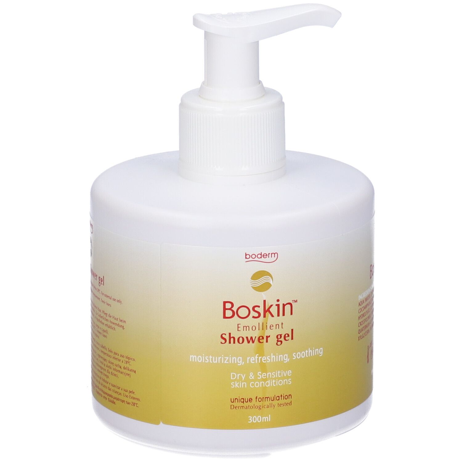 Flacone di gel doccia Boskin. Erogatore bianco con etichetta gialla. Testo: Emollient Shower gel, Dry & Sensitive skin conditions.