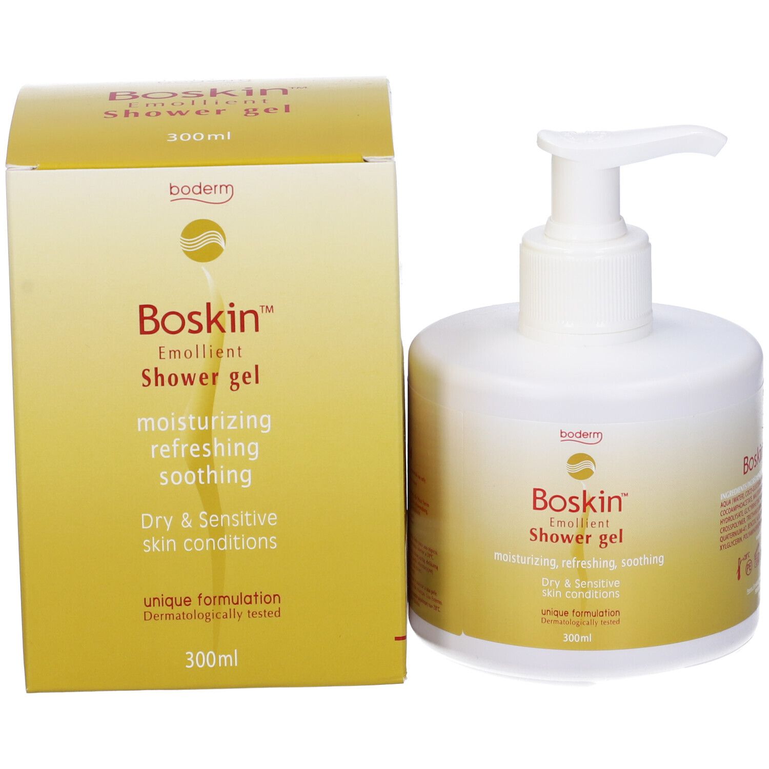 Flacone e confezione di gel doccia Boskin. Erogatore bianco, testo giallo. Testo: Emollient Shower gel, Dry & Sensitive skin conditions.