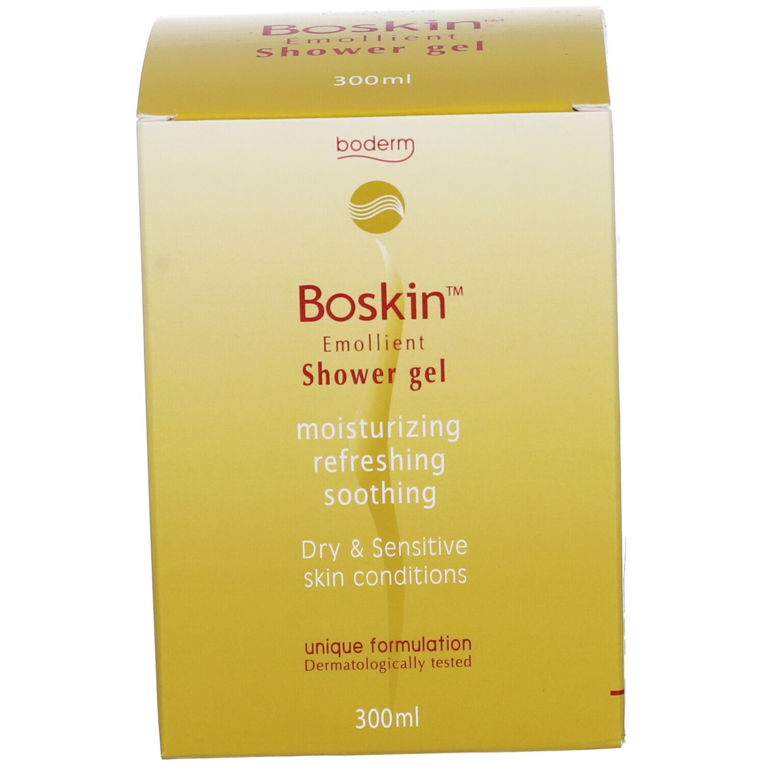 Confezione di gel doccia Boskin. Scatola gialla con testo. Testo: Emollient Shower gel, Dry & Sensitive skin conditions.