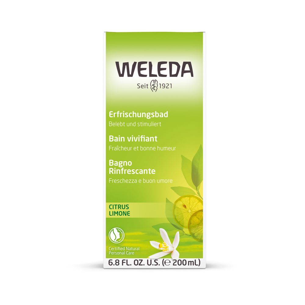 Confezione con scritta WELEDA, Bagno rinfrescante, Citrus Limone. Prodotto naturale certificato. Immagine di limone e fiore.