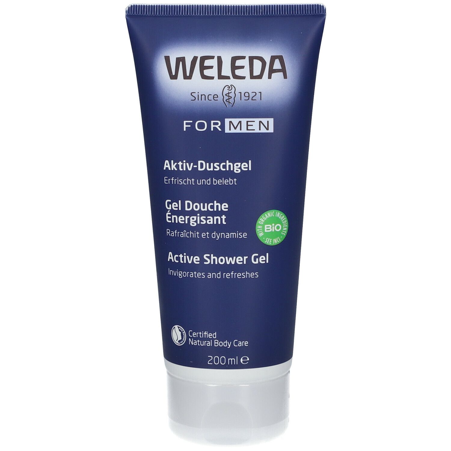 Tubo blu e bianco. Logo "WELEDA FOR MEN". Scritta "Aktiv-Duschgel". Sigillo bio. 200 ml.