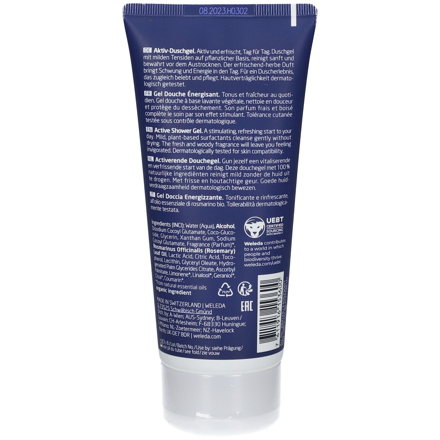 Retro del tubo. Testo in tedesco, francese, inglese e italiano. Ingredienti. Certificazione cosmetica naturale.