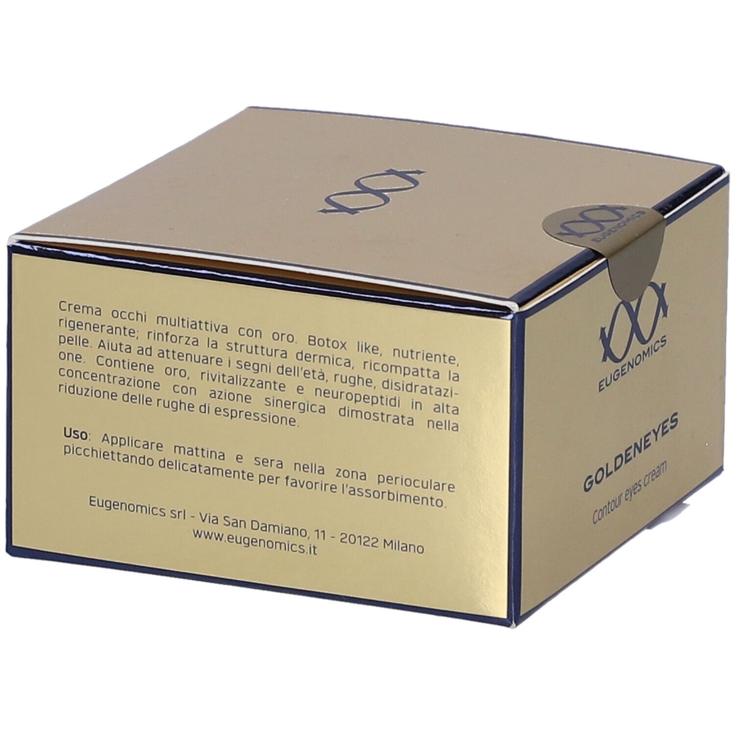 Scatola dorata con logo e nome del prodotto. Testo: Goldeneyes Contour eyes cream. Marchio: Eugenomics. Testo sul retro.