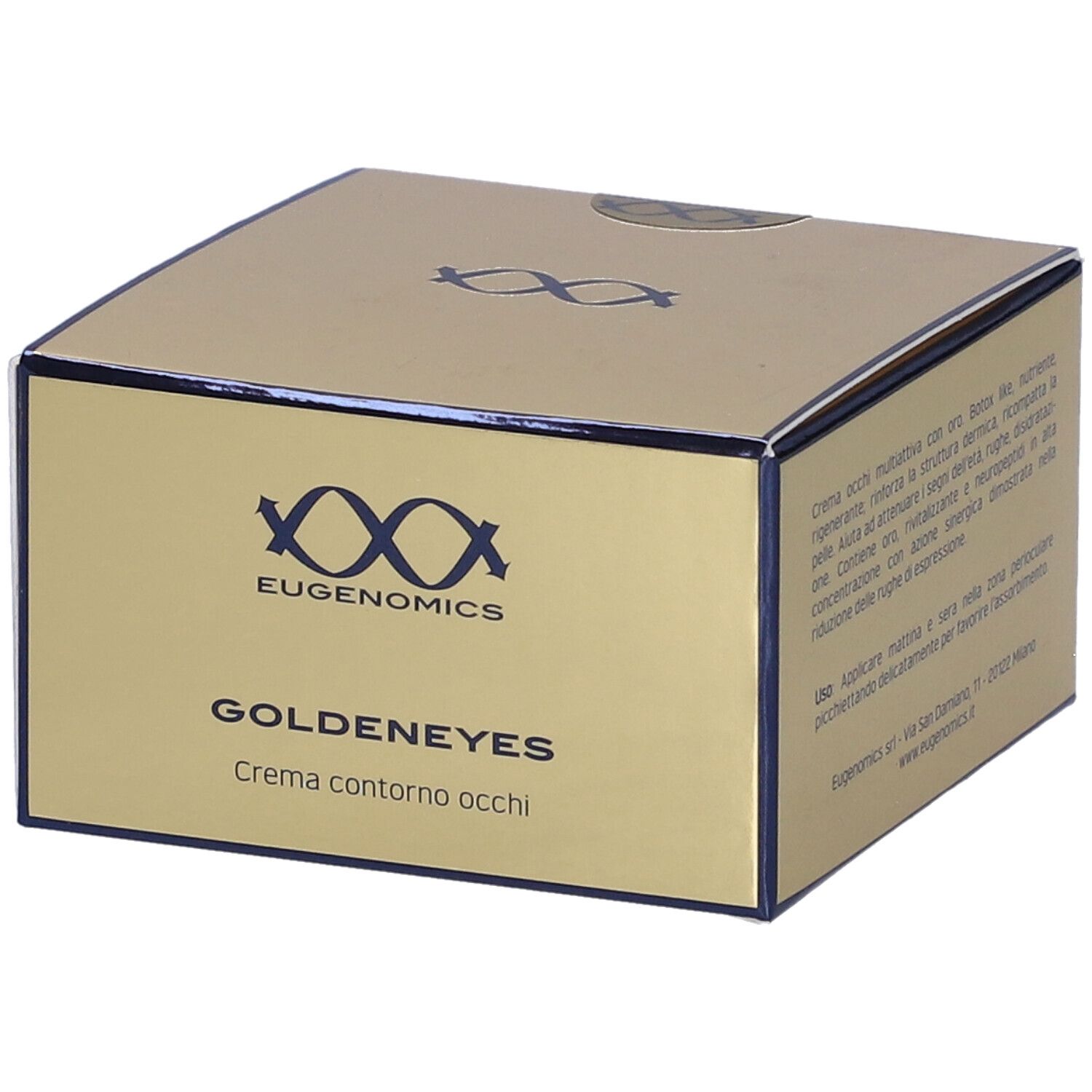 Scatola dorata con logo e nome del prodotto. Testo: Goldeneyes Contour eyes cream. Marchio: Eugenomics. Testo sul retro.