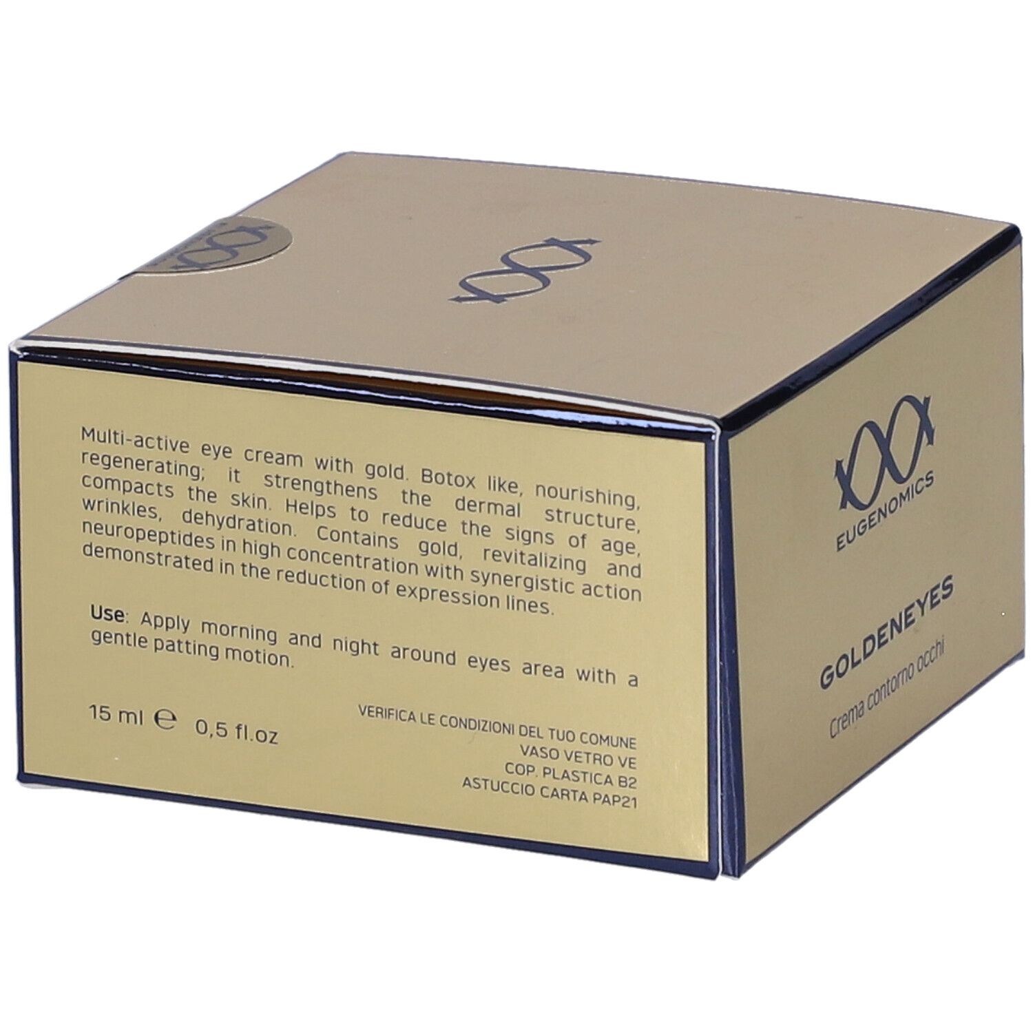 Scatola dorata con logo e nome del prodotto. Testo: Goldeneyes Contour eyes cream. Marchio: Eugenomics. Testo sul retro.