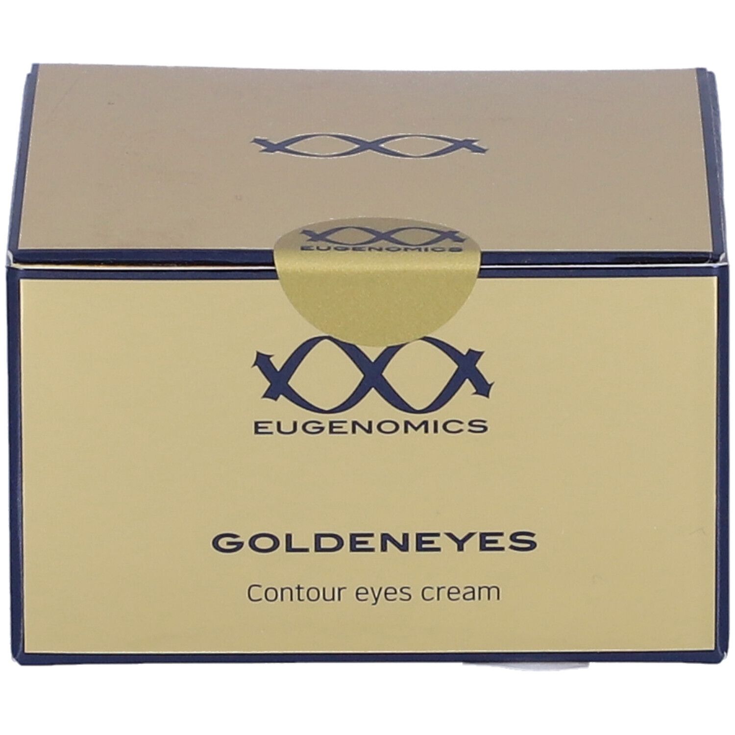 Scatola dorata con logo e nome del prodotto. Testo: Goldeneyes Contour eyes cream. Marchio: Eugenomics.
