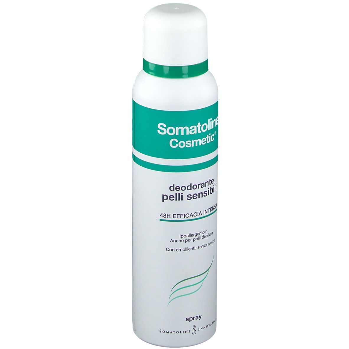 Spray deodorante per pelli sensibili. Flacone bianco con etichetta verde. Testo: Somatoline Cosmetic, efficacia 48h.