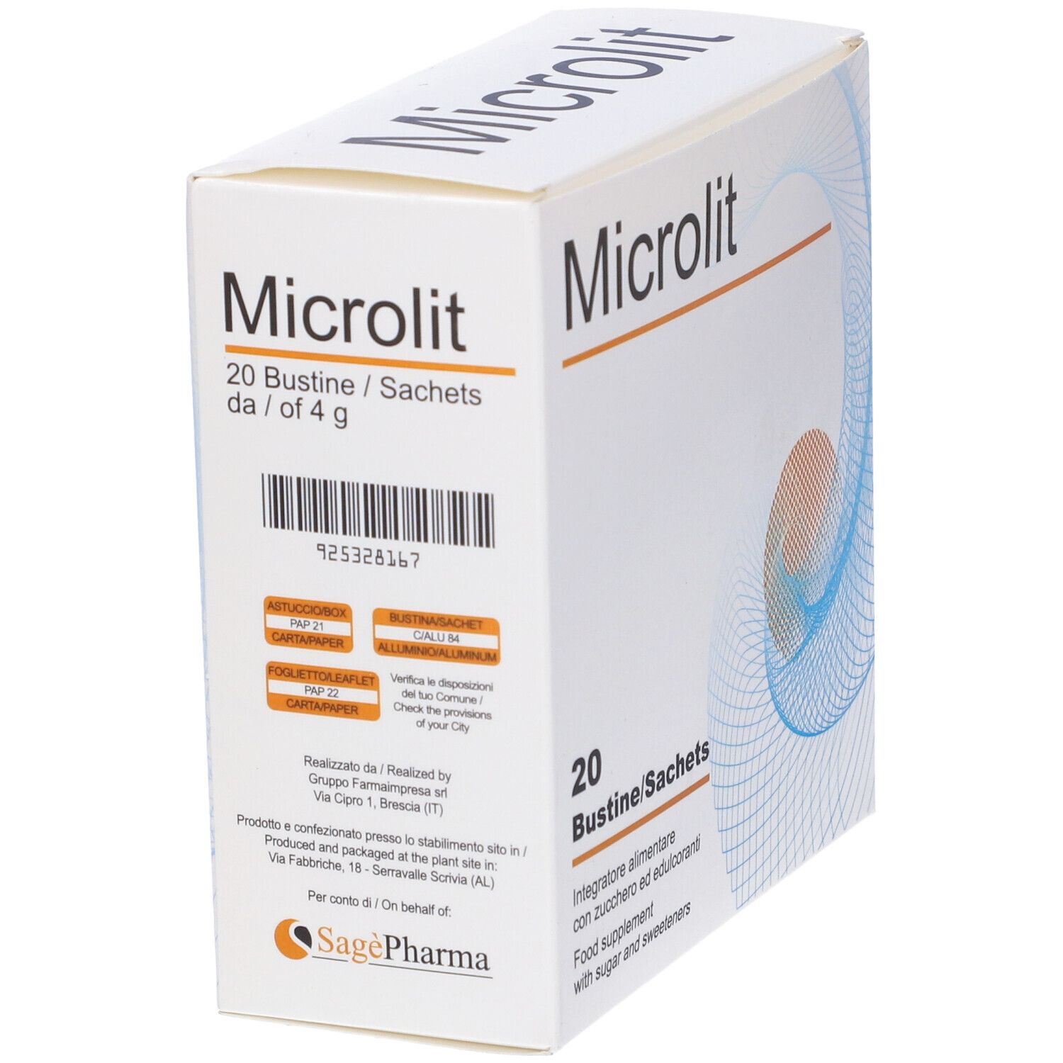 Scatola "Microlit" con 20 bustine. Codice a barre e testo: "20 Bustine/Sachets da/of 4 g".