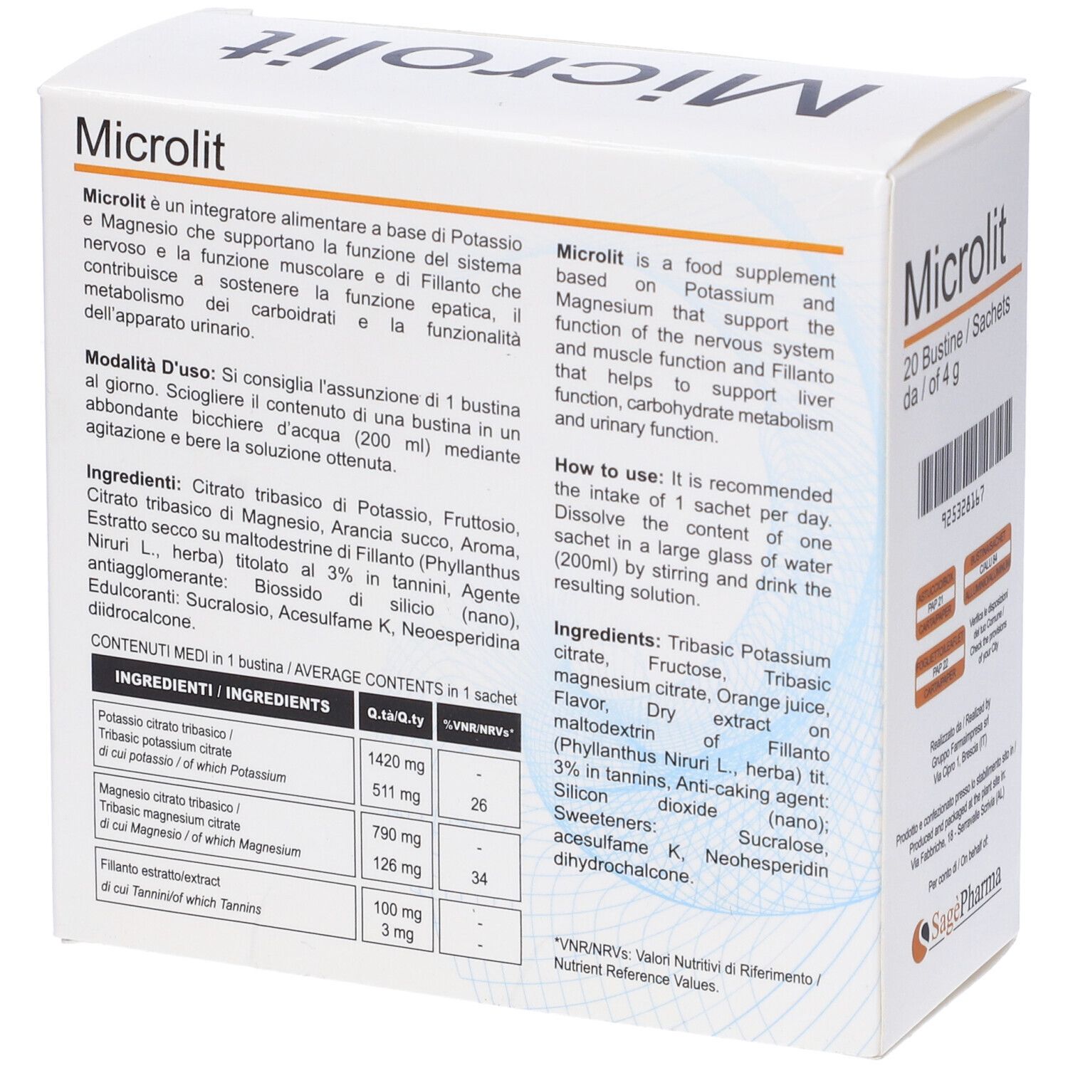 Retro della scatola "Microlit". Contiene informazioni sugli ingredienti e l'uso.