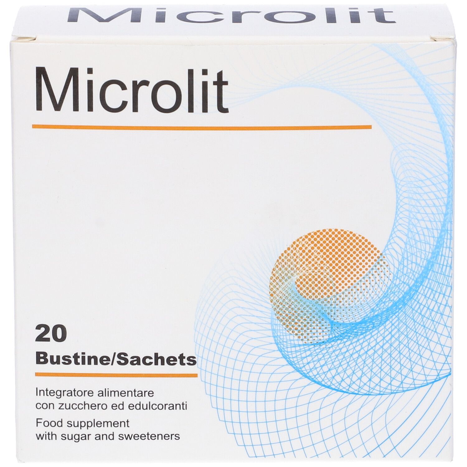 Vista frontale della scatola "Microlit". Contiene 20 bustine. Testo: "Integratore alimentare".