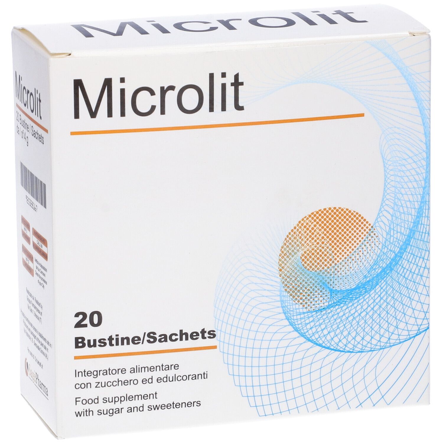 Scatola "Microlit" con 20 bustine. Testo: "20 Bustine/Sachets da/of 4 g".