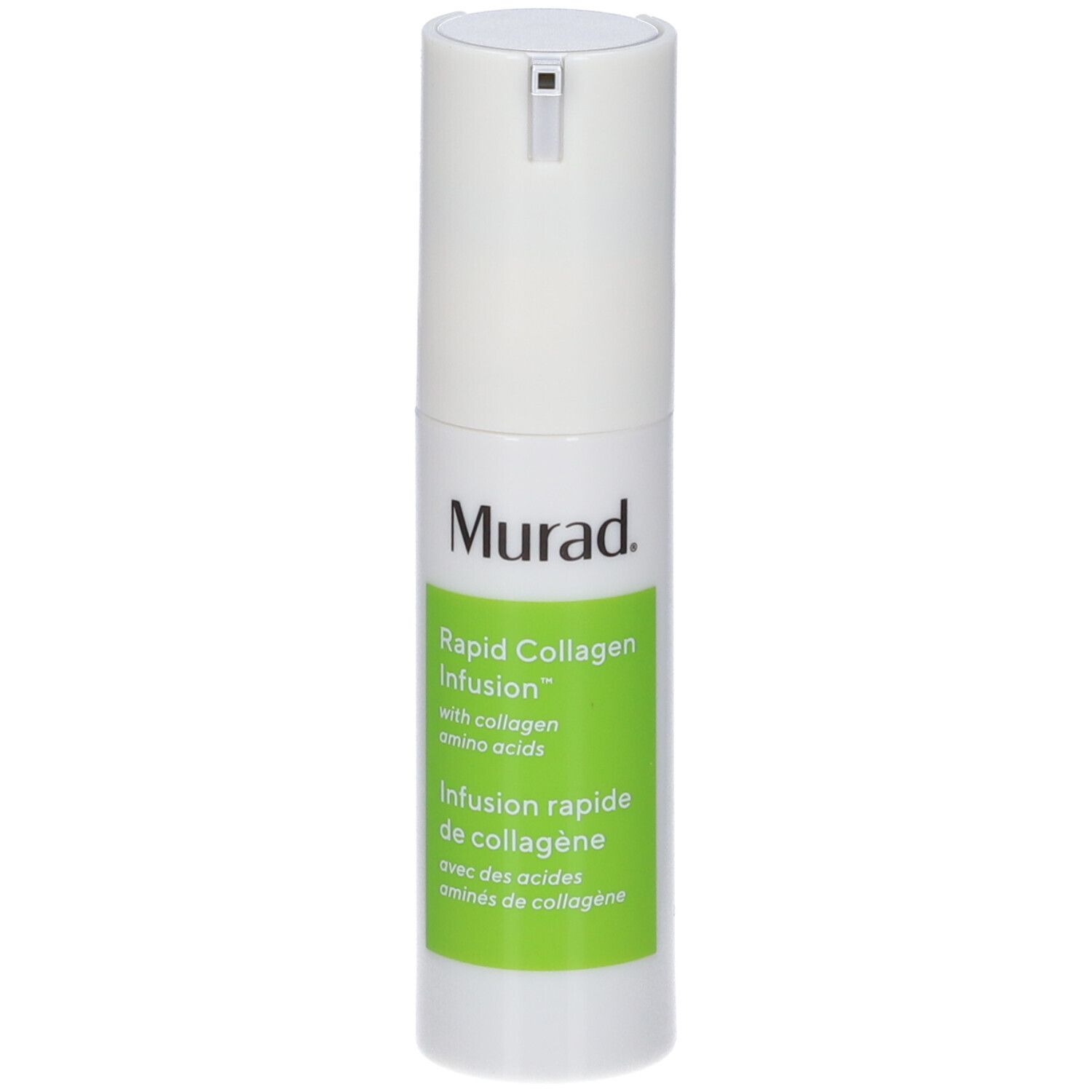 Dispenser bianco con etichetta verde. Scritta: Murad, Rapid Collagen Infusion, con aminoacidi.