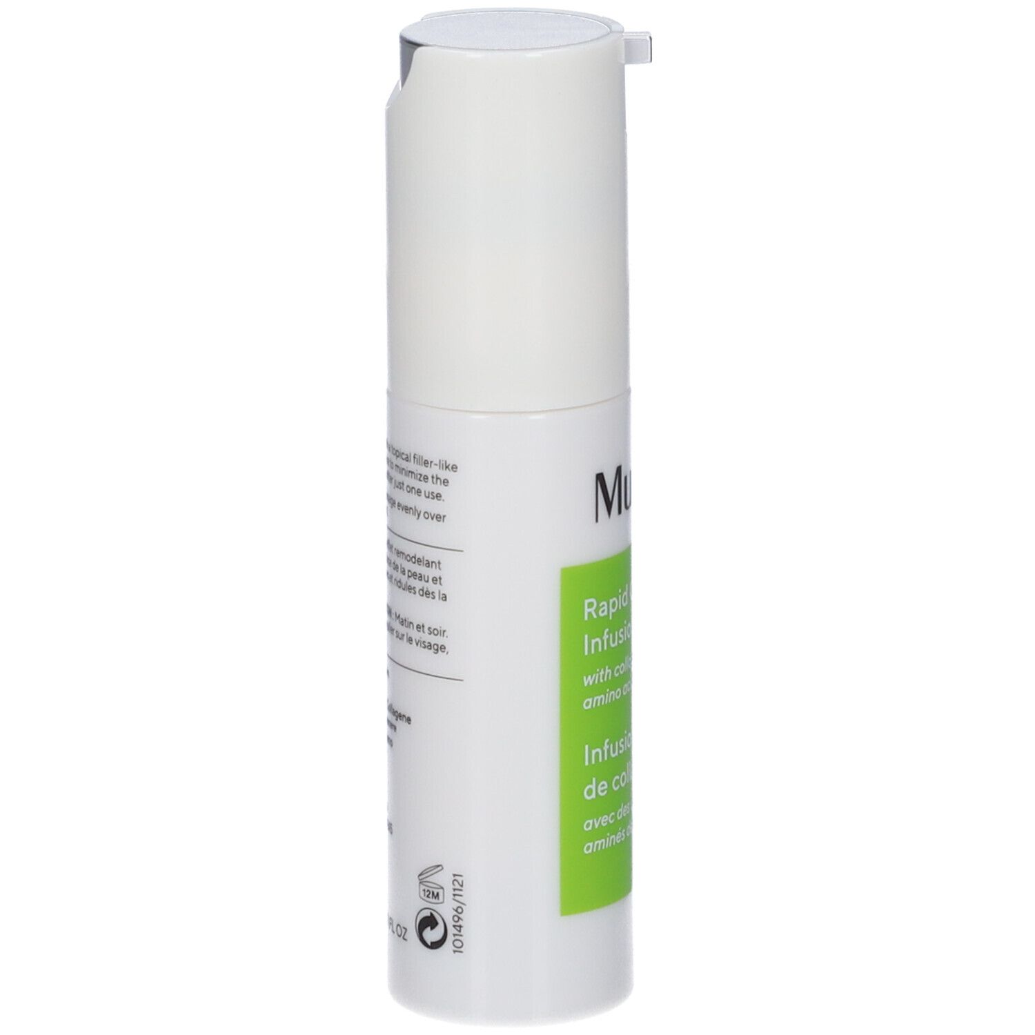 Dispenser bianco con etichetta verde. Scritta: Murad, Rapid Collagen Infusion, con aminoacidi. Vista laterale.