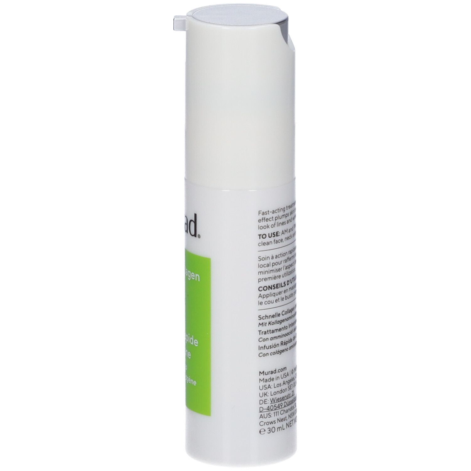 Dispenser bianco con etichetta verde. Scritta: Murad, Rapid Collagen Infusion, con aminoacidi. Retro.