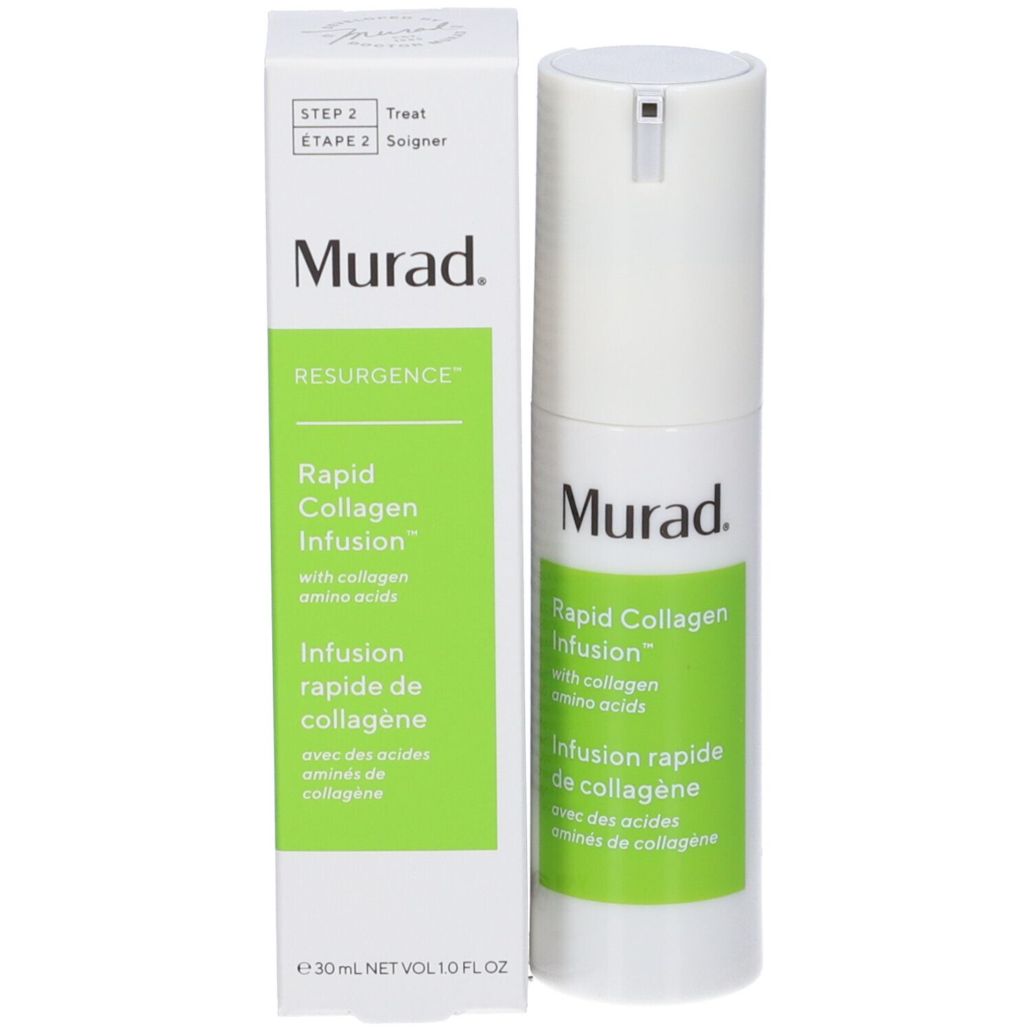 Dispenser bianco e scatola. Scritta: Murad, Rapid Collagen Infusion, con aminoacidi. Scatola.