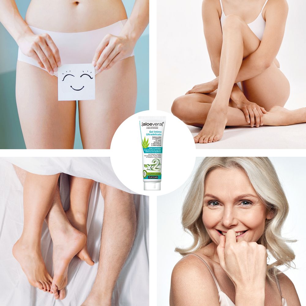 Collage con donne e ZUCCARI [aloevera]2 Gel Intimo. Prodotto al centro. Diverse pose, focus sull'area intima.