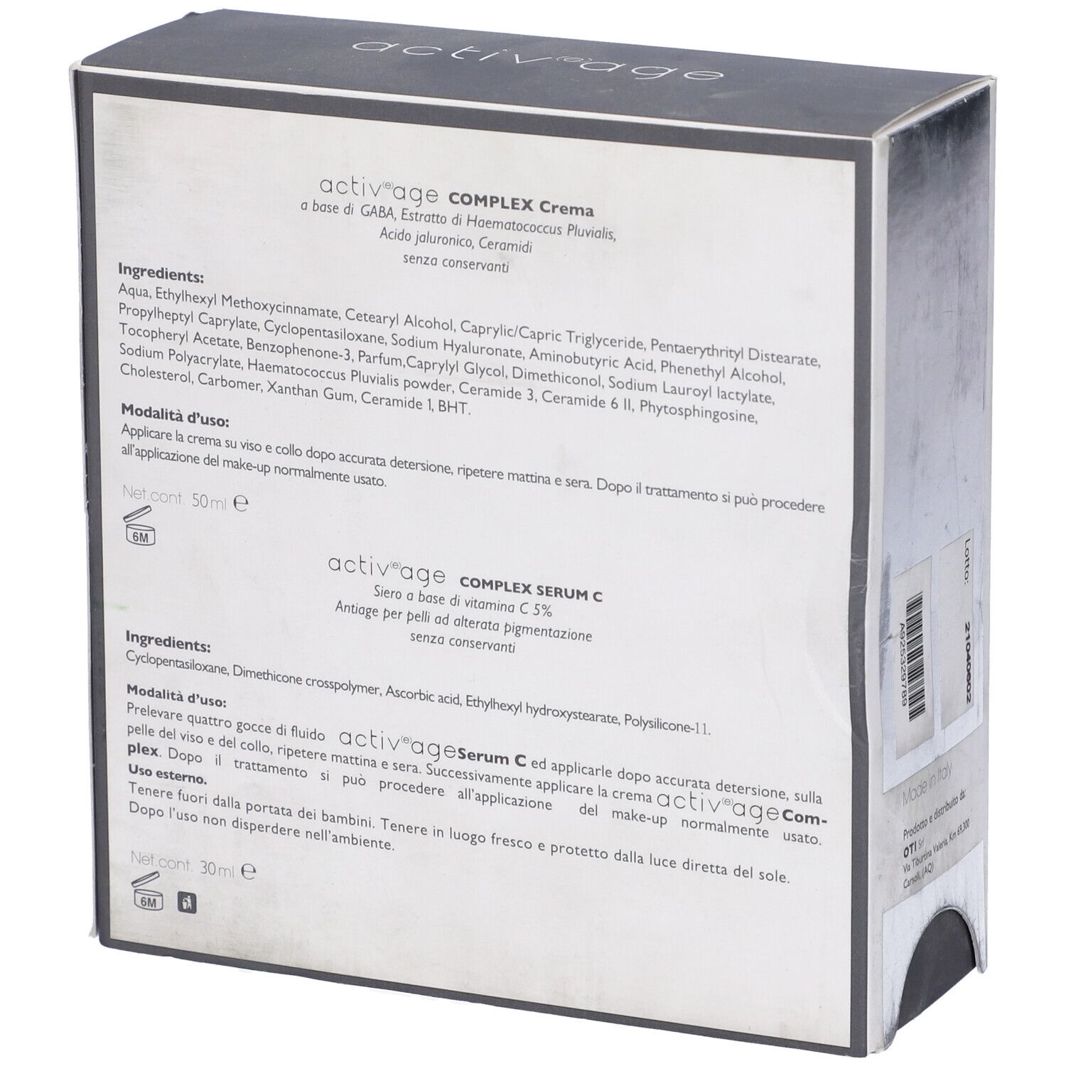 Retro della scatola con ingredienti e istruzioni per l'uso di "activ'age COMPLEX Crema" e "Serum C".