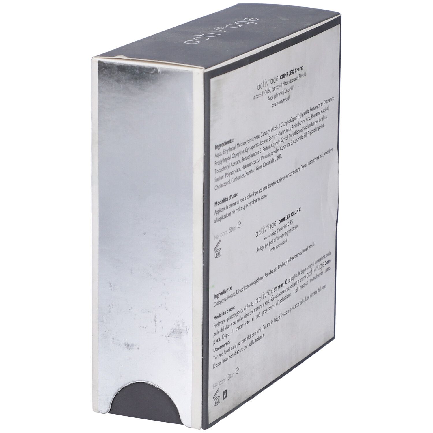 Vista laterale della scatola con ingredienti e istruzioni per l'uso di "activ'age COMPLEX Crema" e "Serum C".