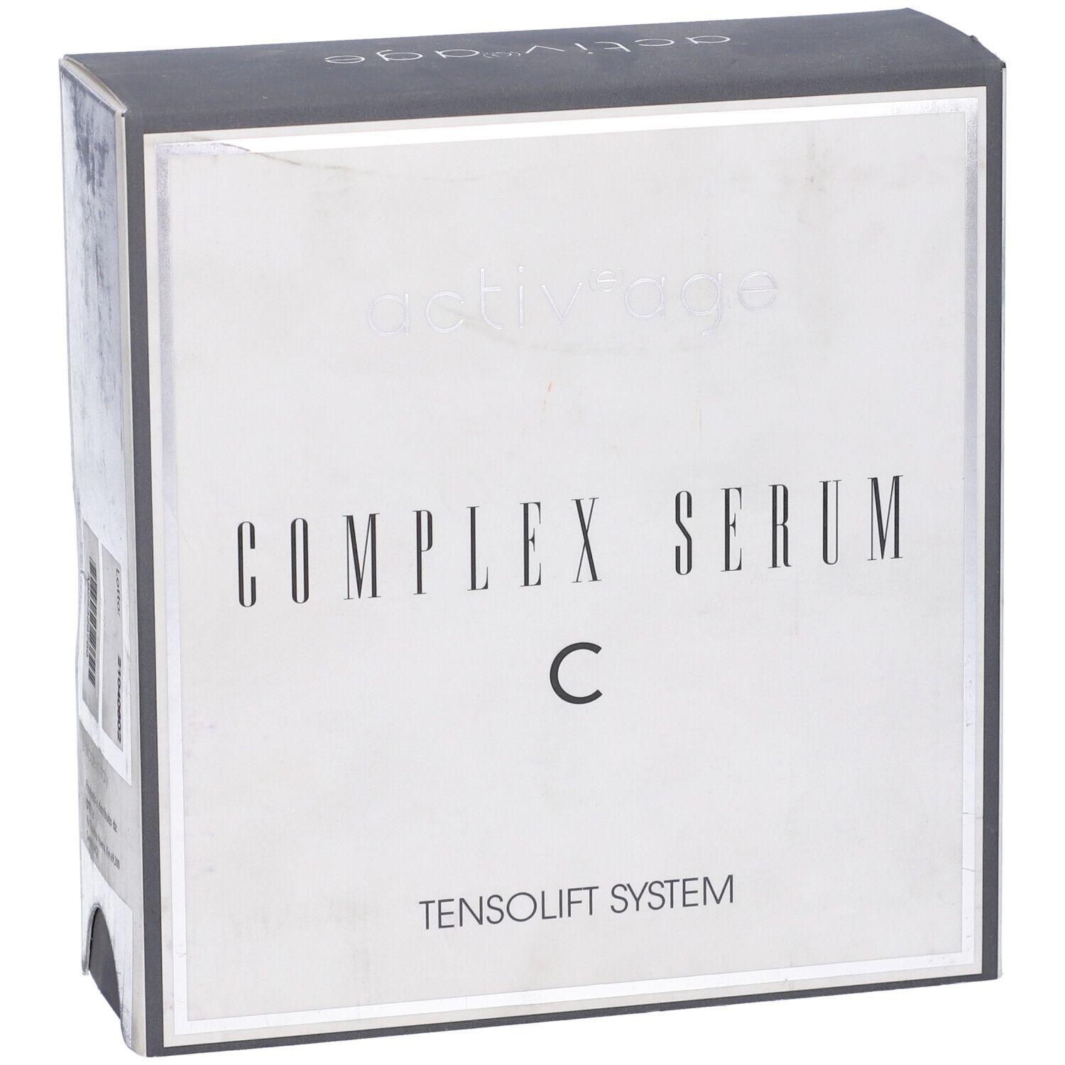 Scatola argentata "activ'age COMPLEX SERUM C". Testo: TENSOLIFT SYSTEM. Etichetta con codice a barre e testo.