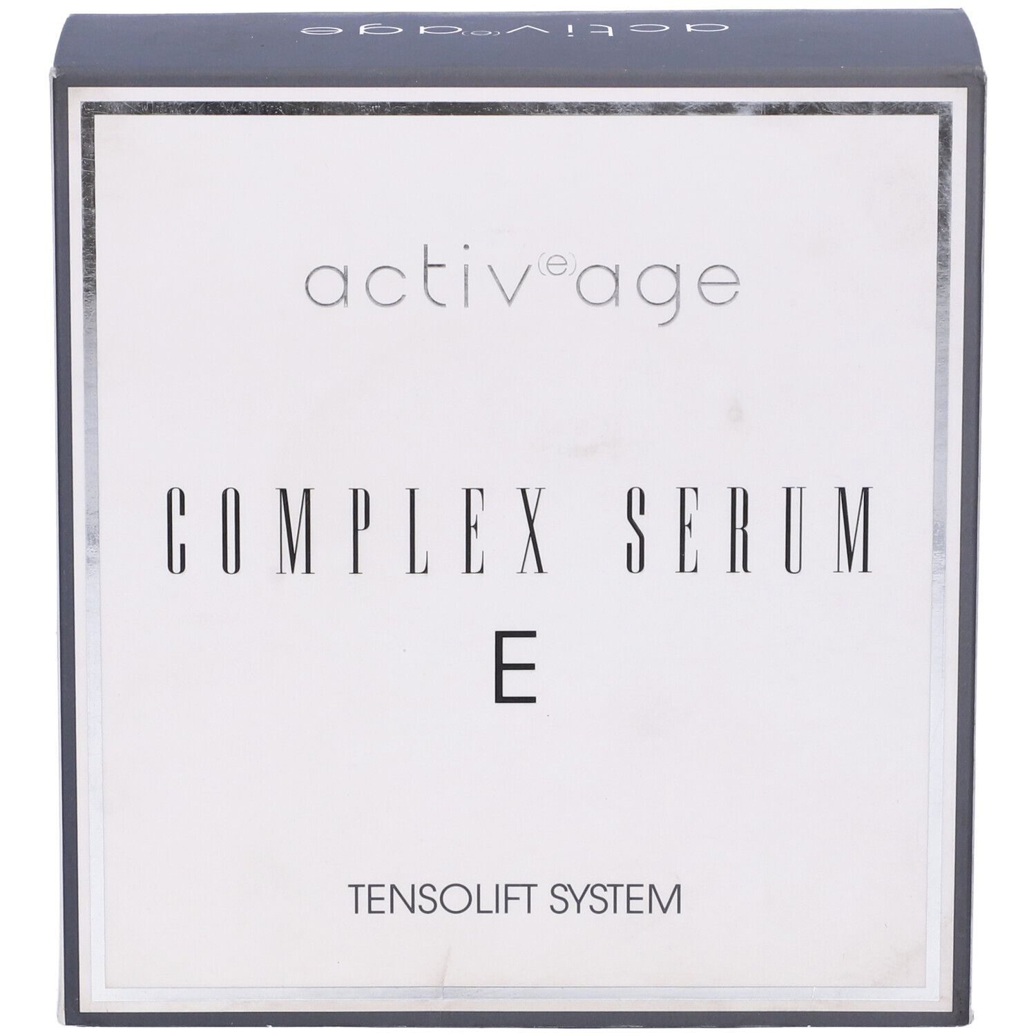 Scatola "activ'age COMPLEX SERUM E". Bordo e scritte argentate.