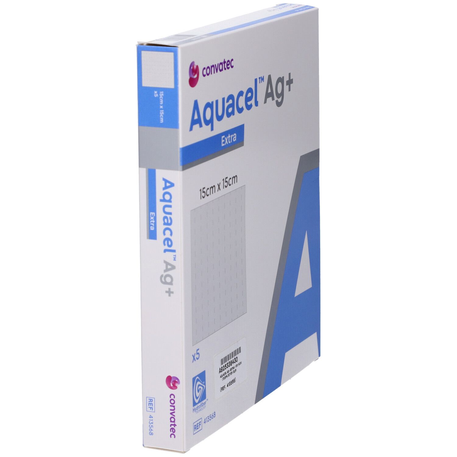Vista angolata della confezione di Convatec Aquacel Ag+ Extra, 15x15cm. Bianca, con nome e logo del prodotto.