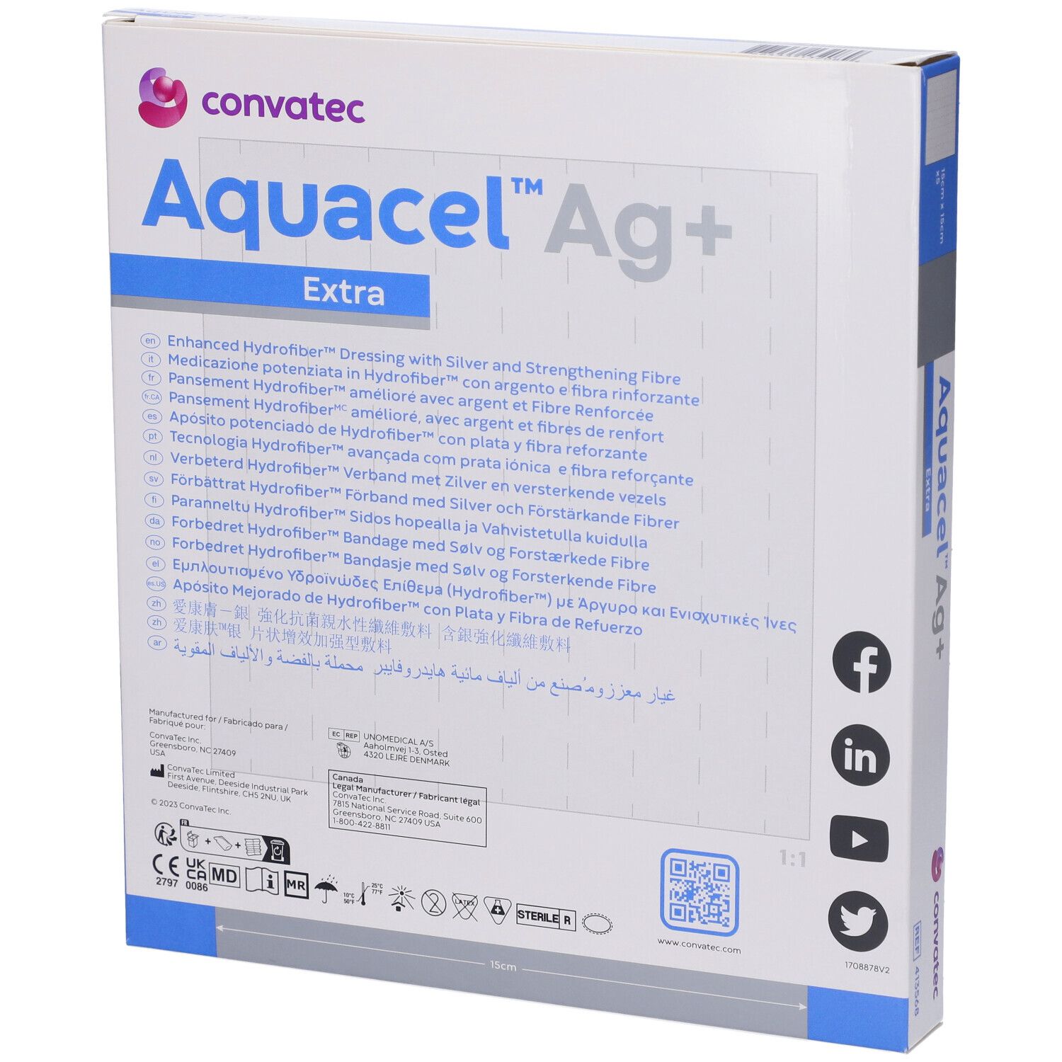 Retro della confezione di Convatec Aquacel Ag+ Extra. Informazioni multilingue sul prodotto e loghi.