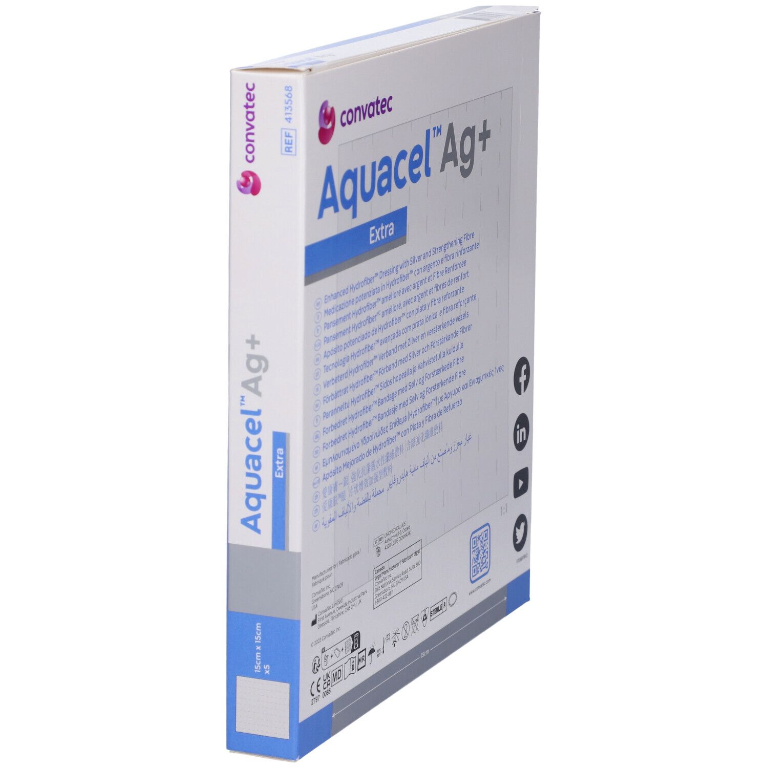 Vista angolata della confezione di Convatec Aquacel Ag+ Extra. Nome del prodotto, loghi e testi multilingue.