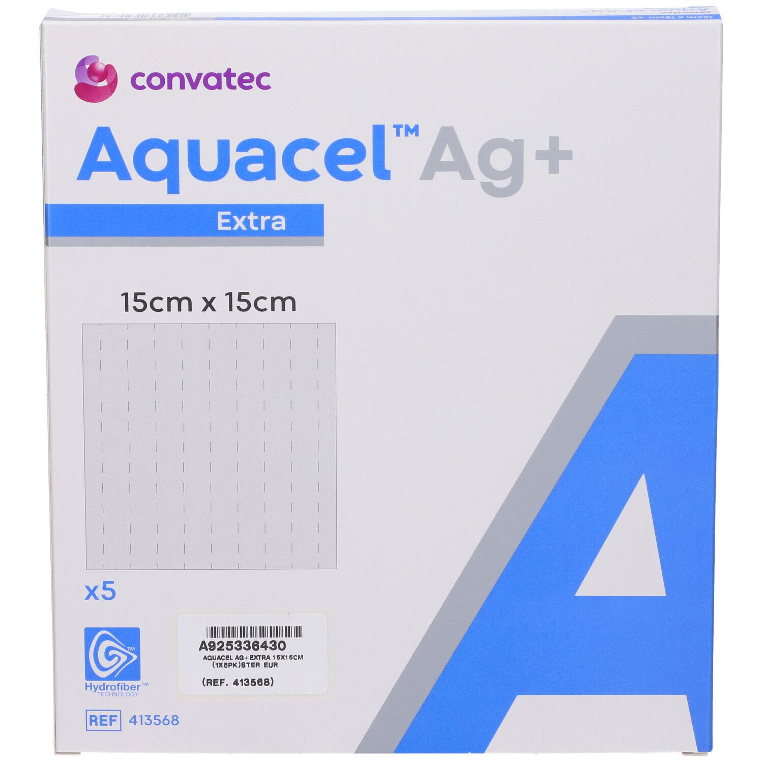 Confezione di Convatec Aquacel Ag+ Extra, 15x15cm. Bianca, nome e logo del prodotto. Contiene 5 pezzi.