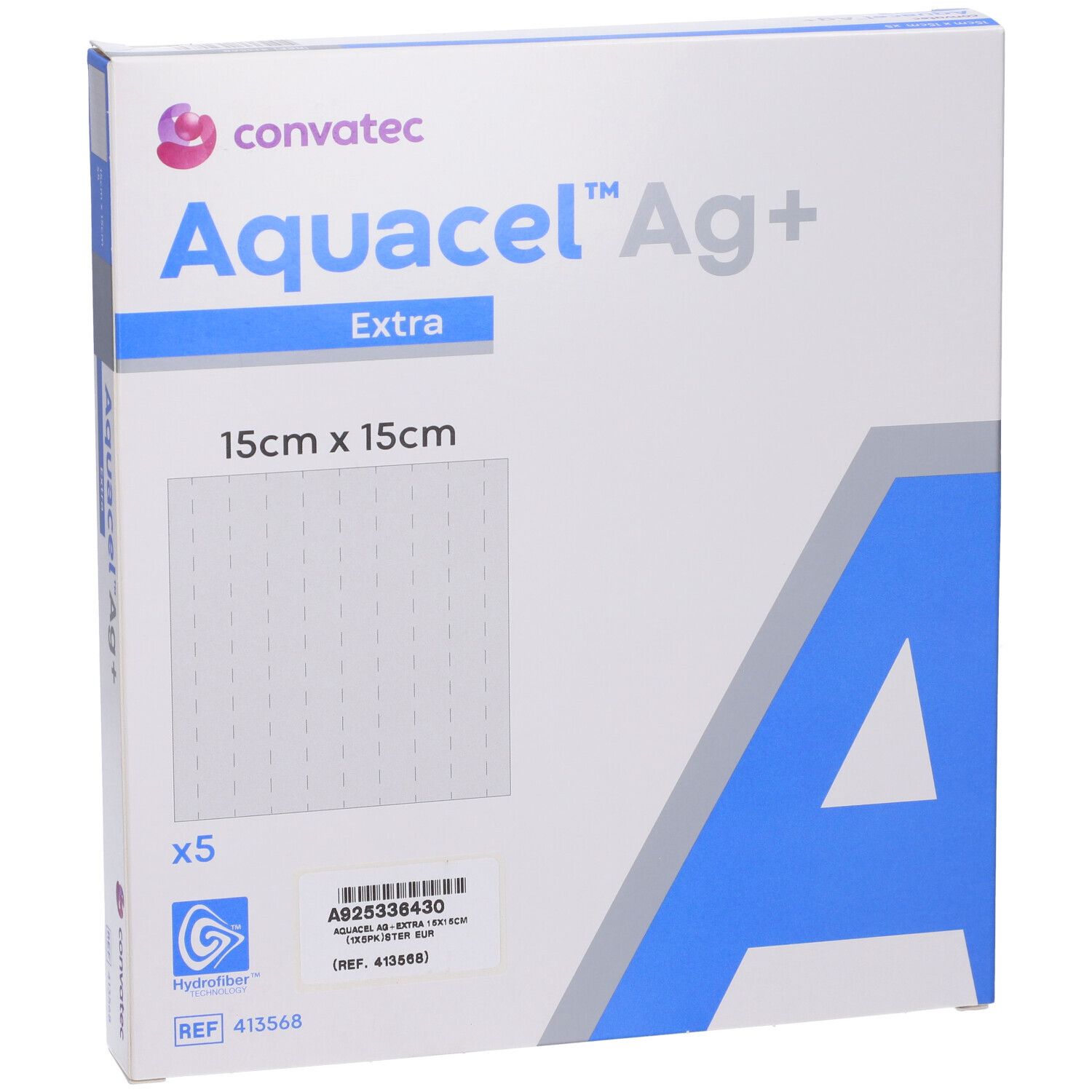 Confezione di Convatec Aquacel Ag+ Extra, 15x15cm. Bianca, nome e logo del prodotto. Contiene 5 pezzi.