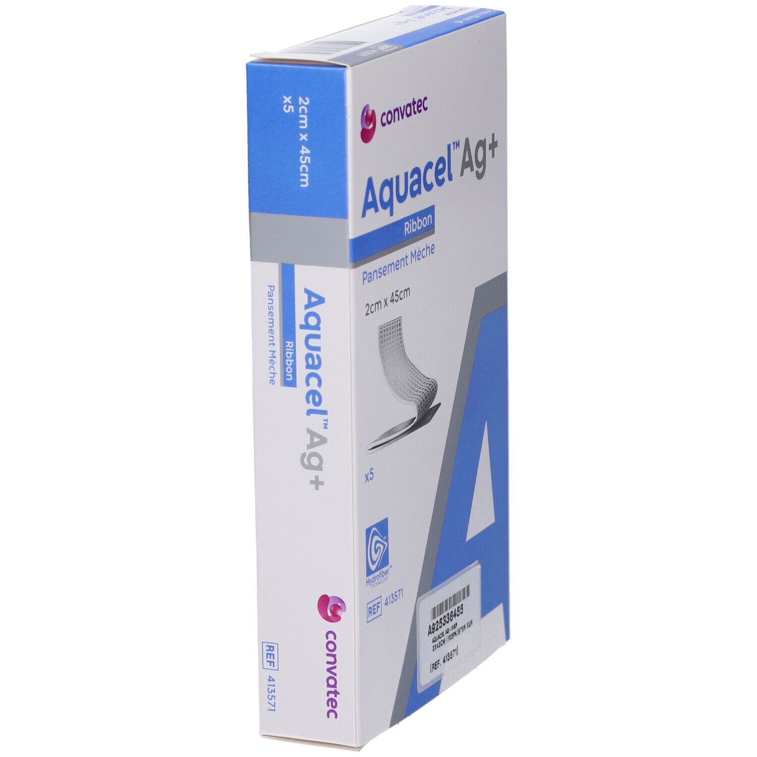 Confezione Aquacel Ag+ Ribbon, 2cm x 45cm, 5 pezzi. Convatec. Hydrofiber. Medicazione. Dettagli blu.
