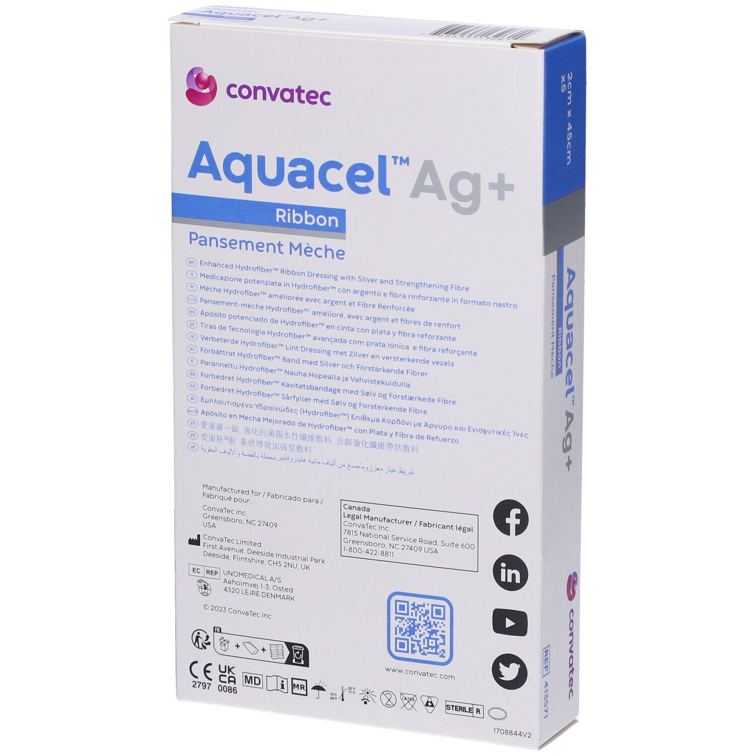 Retro confezione Aquacel Ag+ Ribbon. Informazioni produttore, ingredienti e certificazioni.