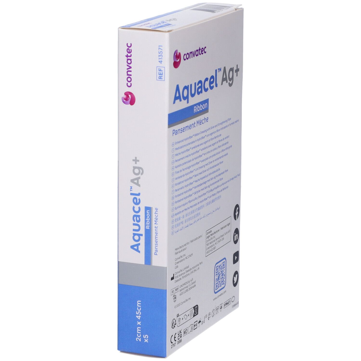 Confezione Aquacel Ag+ Ribbon, 2cm x 45cm, 5 pezzi. Convatec. Hydrofiber. Dettagli blu.