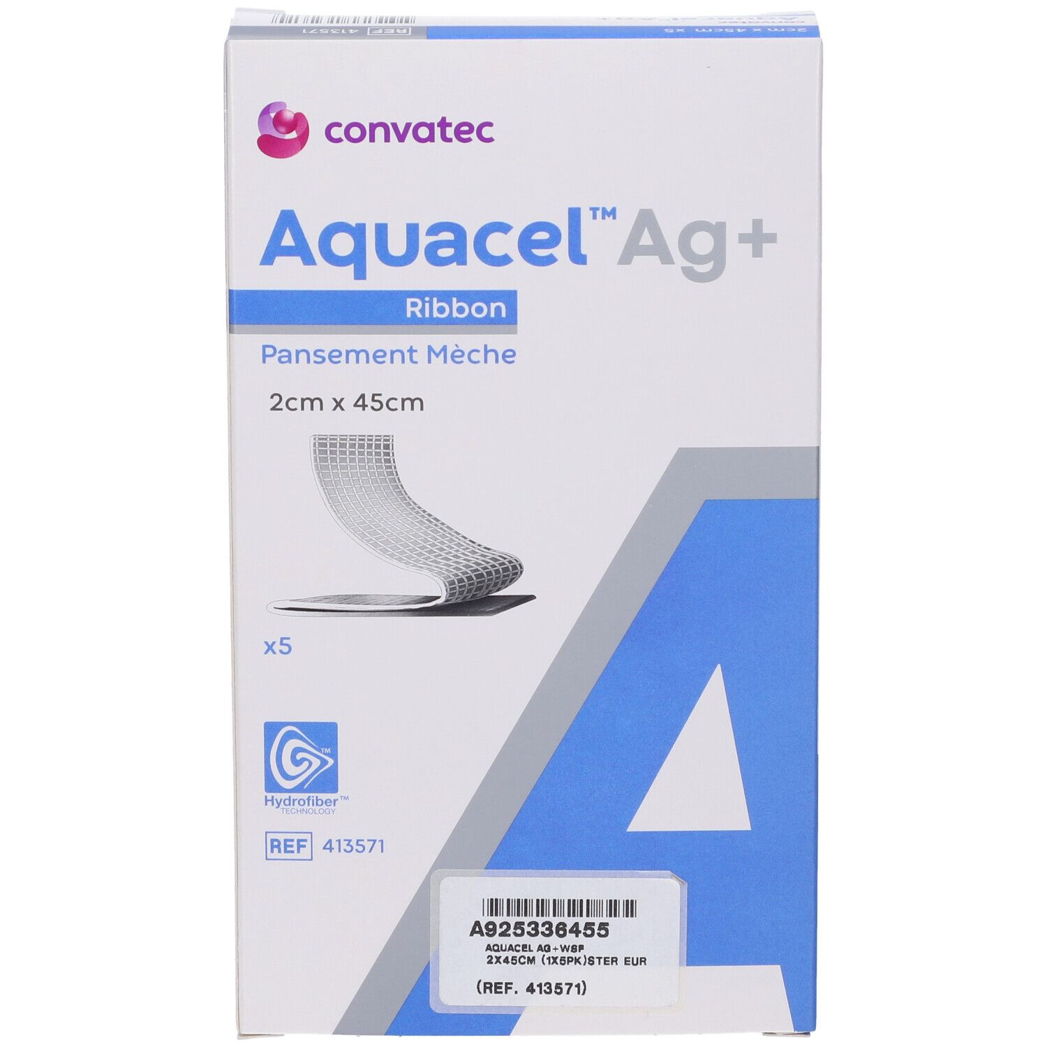 Confezione Aquacel Ag+ Ribbon, 2cm x 45cm, 5 pezzi. Convatec. Hydrofiber. Etichetta prodotto.