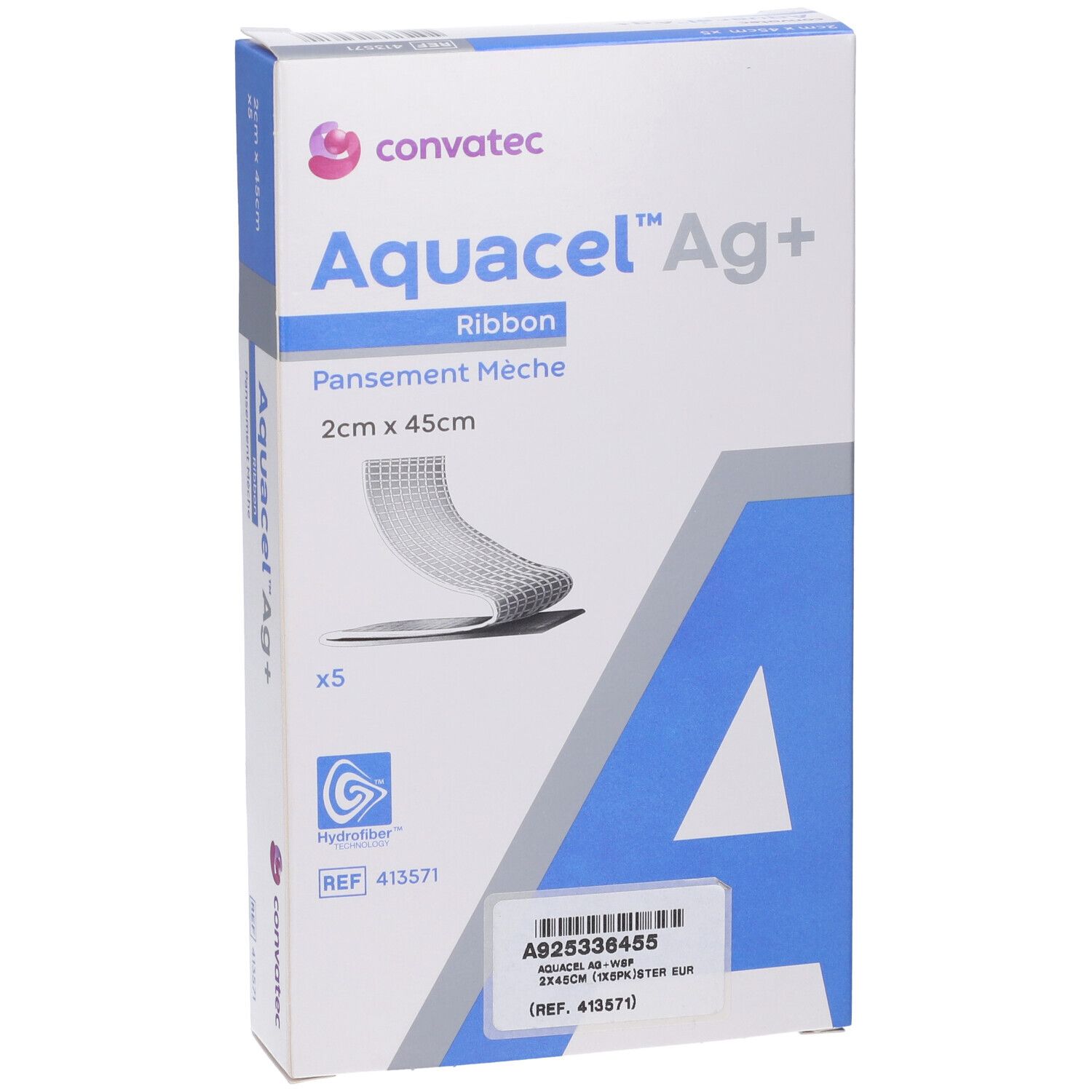 Confezione Aquacel Ag+ Ribbon, 2cm x 45cm, 5 pezzi. Convatec. Hydrofiber. Etichetta prodotto.