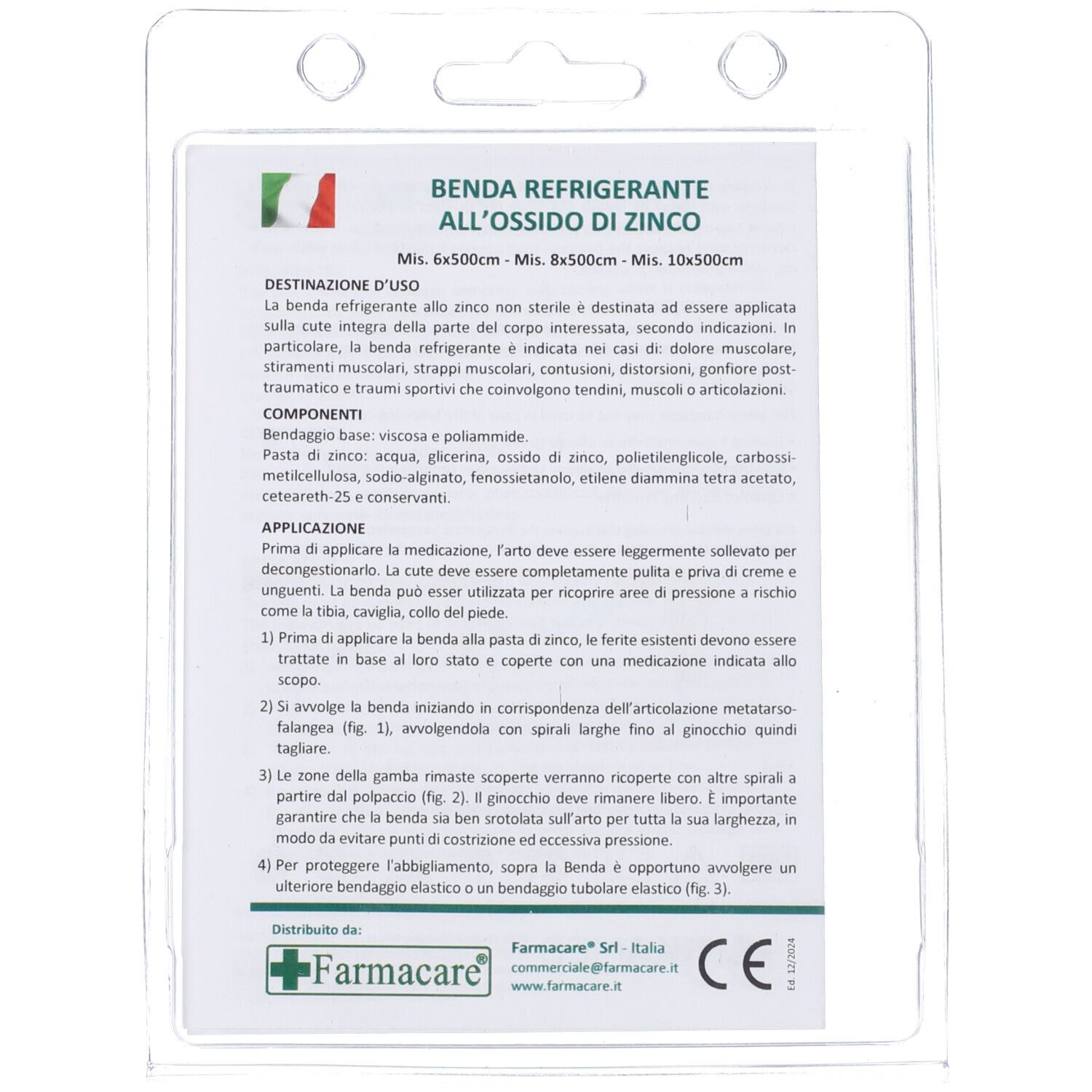 Retro della confezione di Benda Refrigerante Ossido Di Zinco. Testo con informazioni e istruzioni per l'uso.